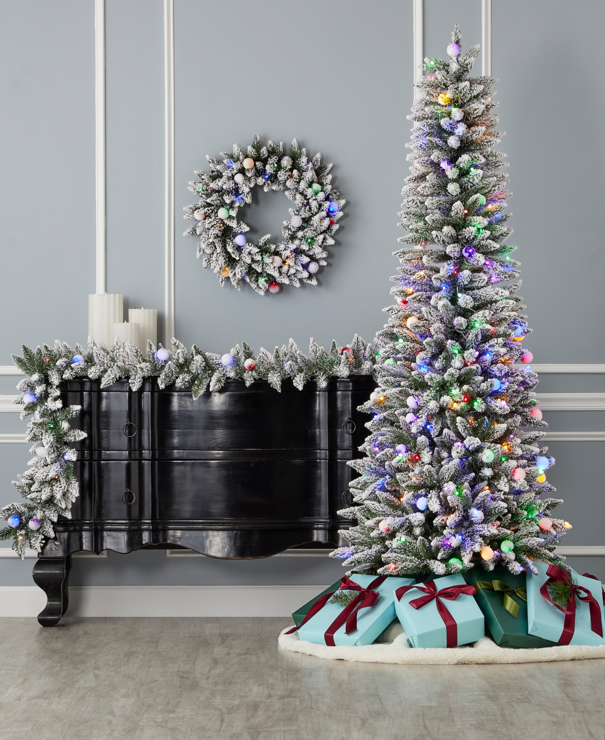 Seasonal Snow Kissed Pine 5' Pre-lit Flocked Pvc Slim Tree With Metal Stand, 388 Tips, 150 Led Lights In White