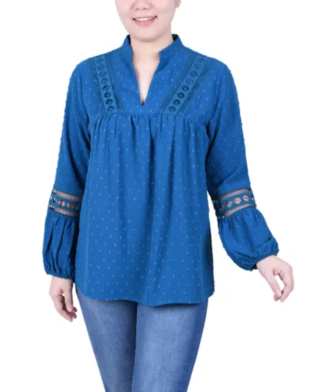 Petite Long Sleeve Blouse with Crochet Trim - Ink Blue