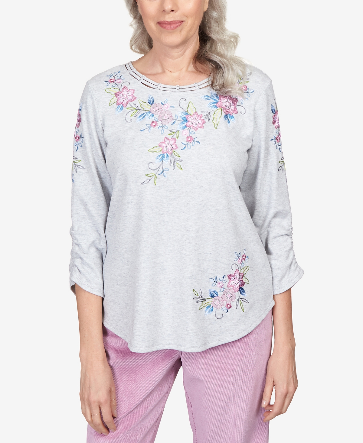 ALFRED DUNNER PETITE SWISS CHALET FLORAL YOKE EMBROIDERED DOUBLE STRAP TOP