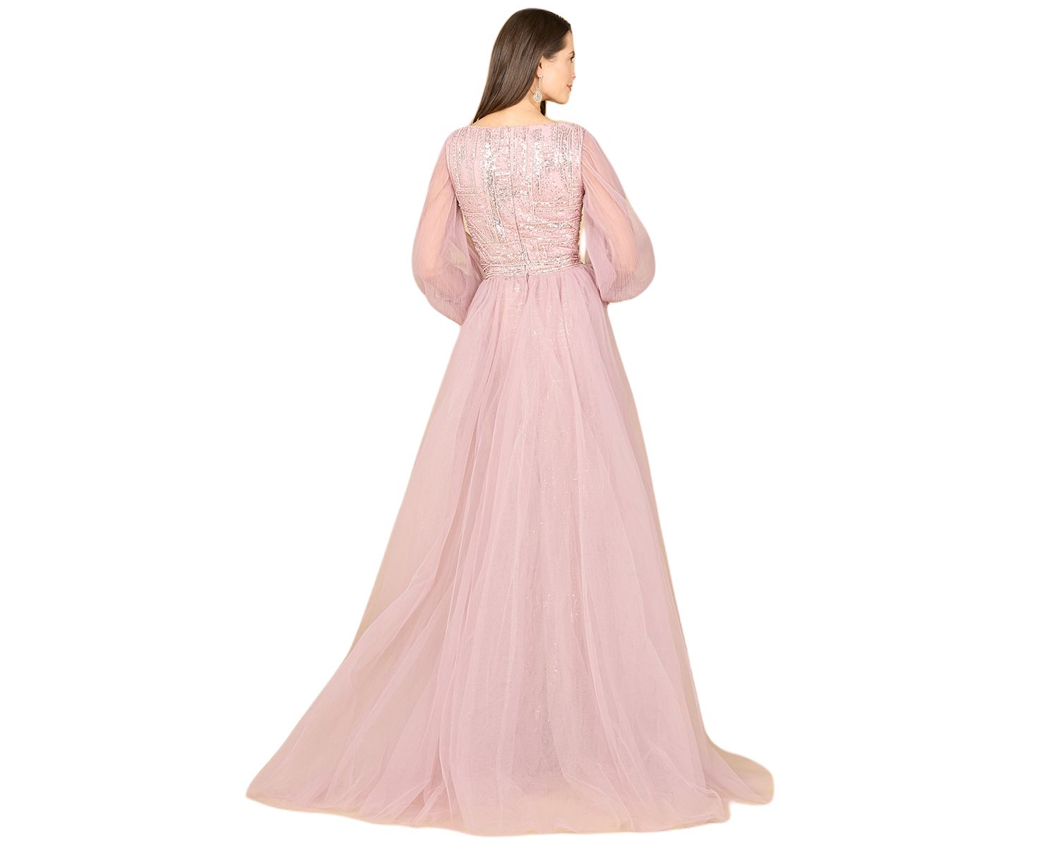 Women's Long Sleeve Lace Gown with Removable Over Skirt