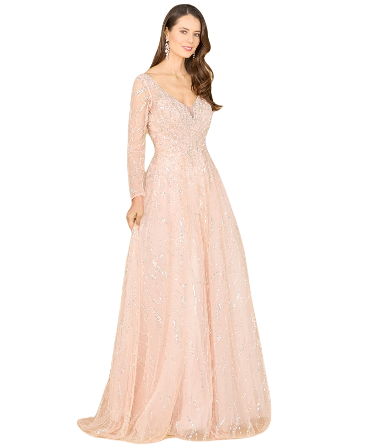 1950s History of Prom, Party, Evening and Formal Dresses Lara Womens Long Sleeve Beaded Lace Gown - Powder pink $698.00 AT vintagedancer.com