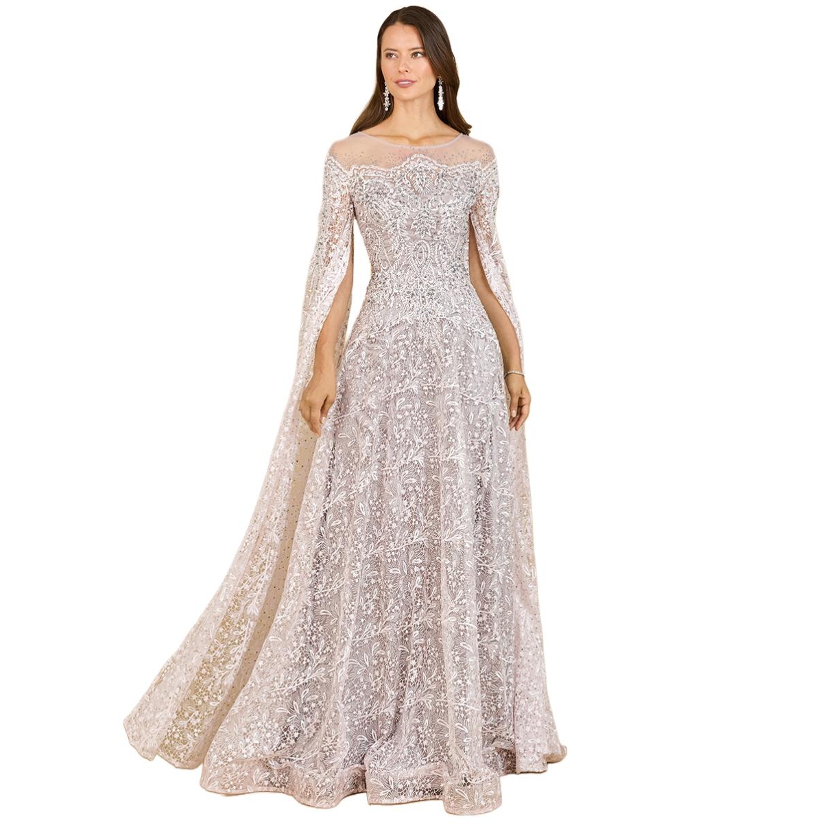 Women's Lara Lace Gown with Dramatic Cape Sleeves - Powder pink