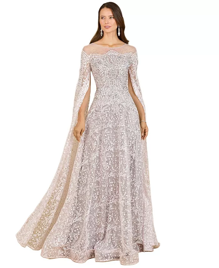 Women's Lace Gown with Dramatic Cape Sleeves