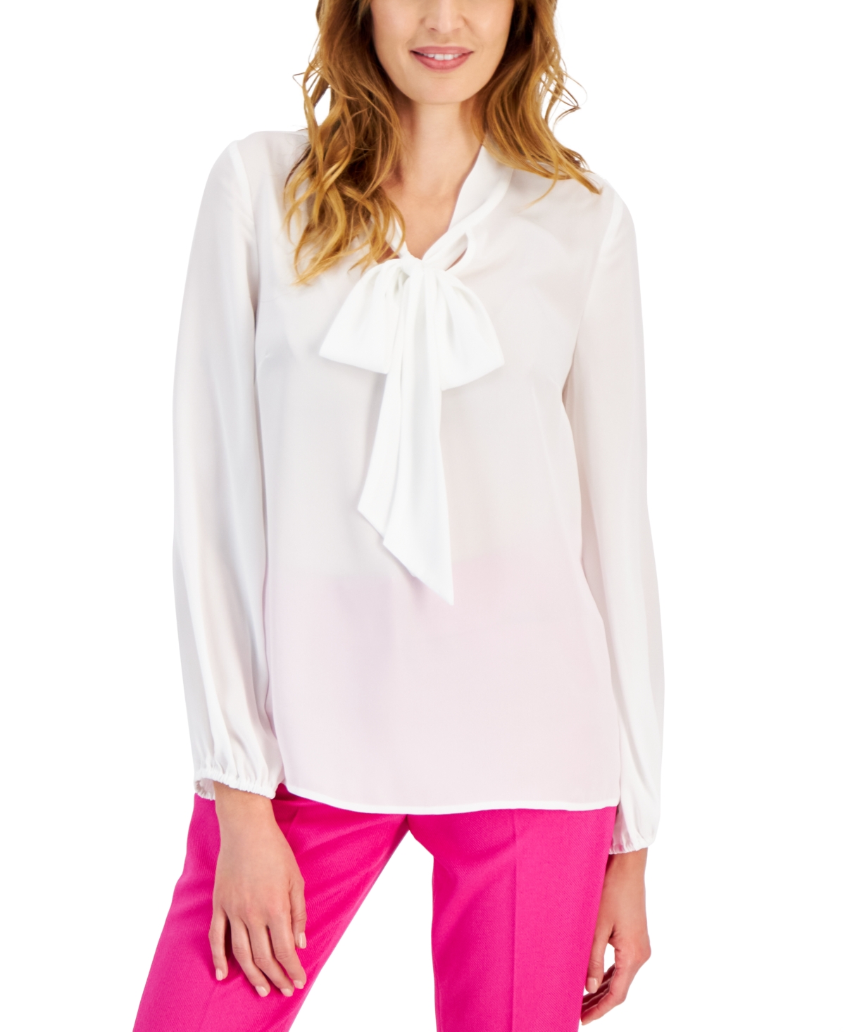 Women's Bow Neck Long Sleeve Top - Ivory