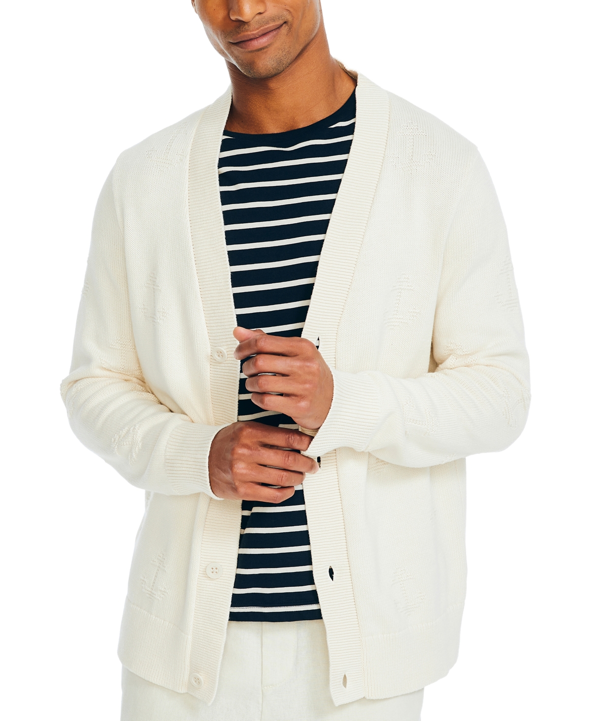 Nautica Men's Textured Anchor Button-front Long Sleeve Cardigan Sweater In Natural