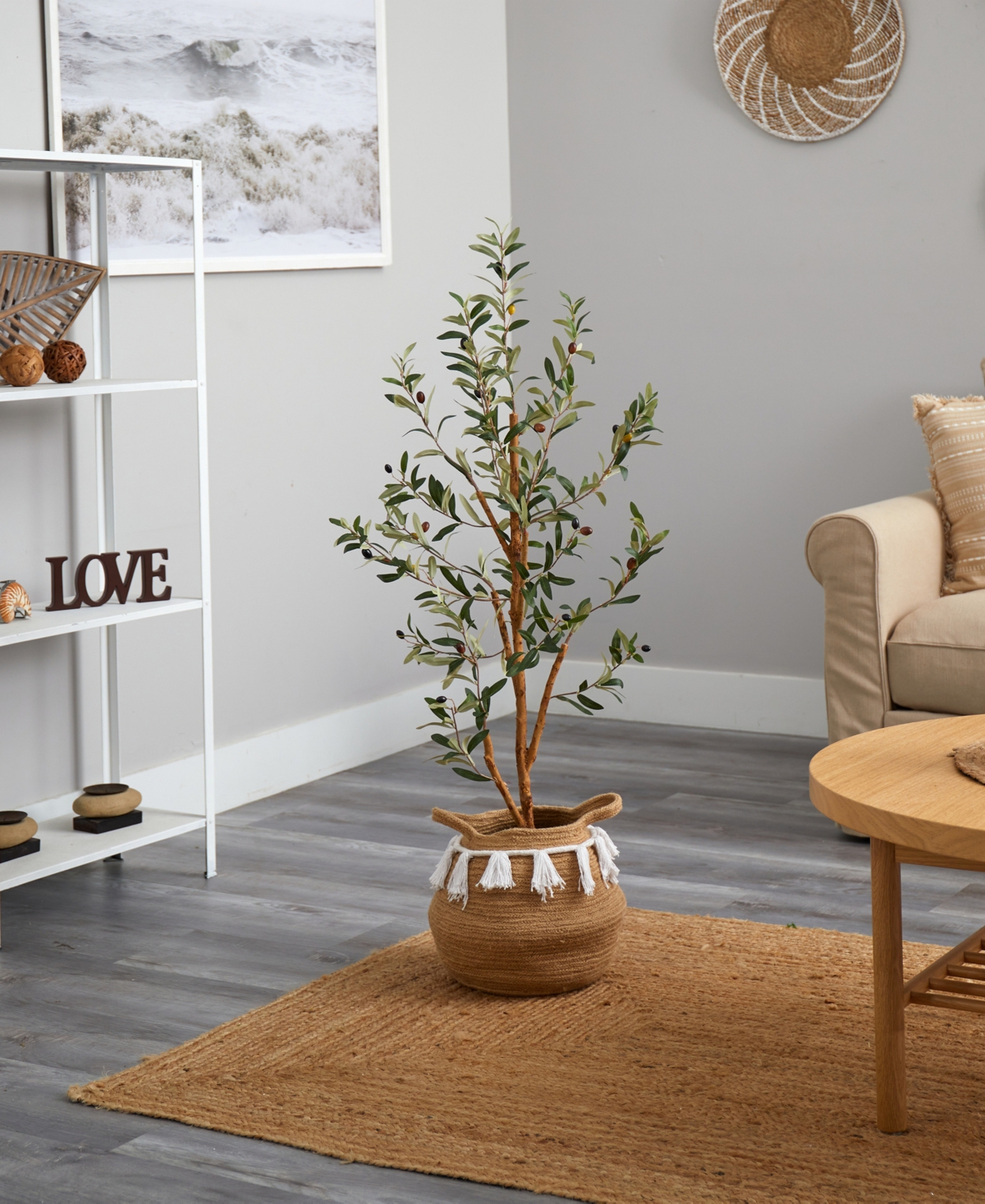 Nearly Natural 42" Artificial Olive Tree With Handmade Jute Cotton Basket With Tassels In Green