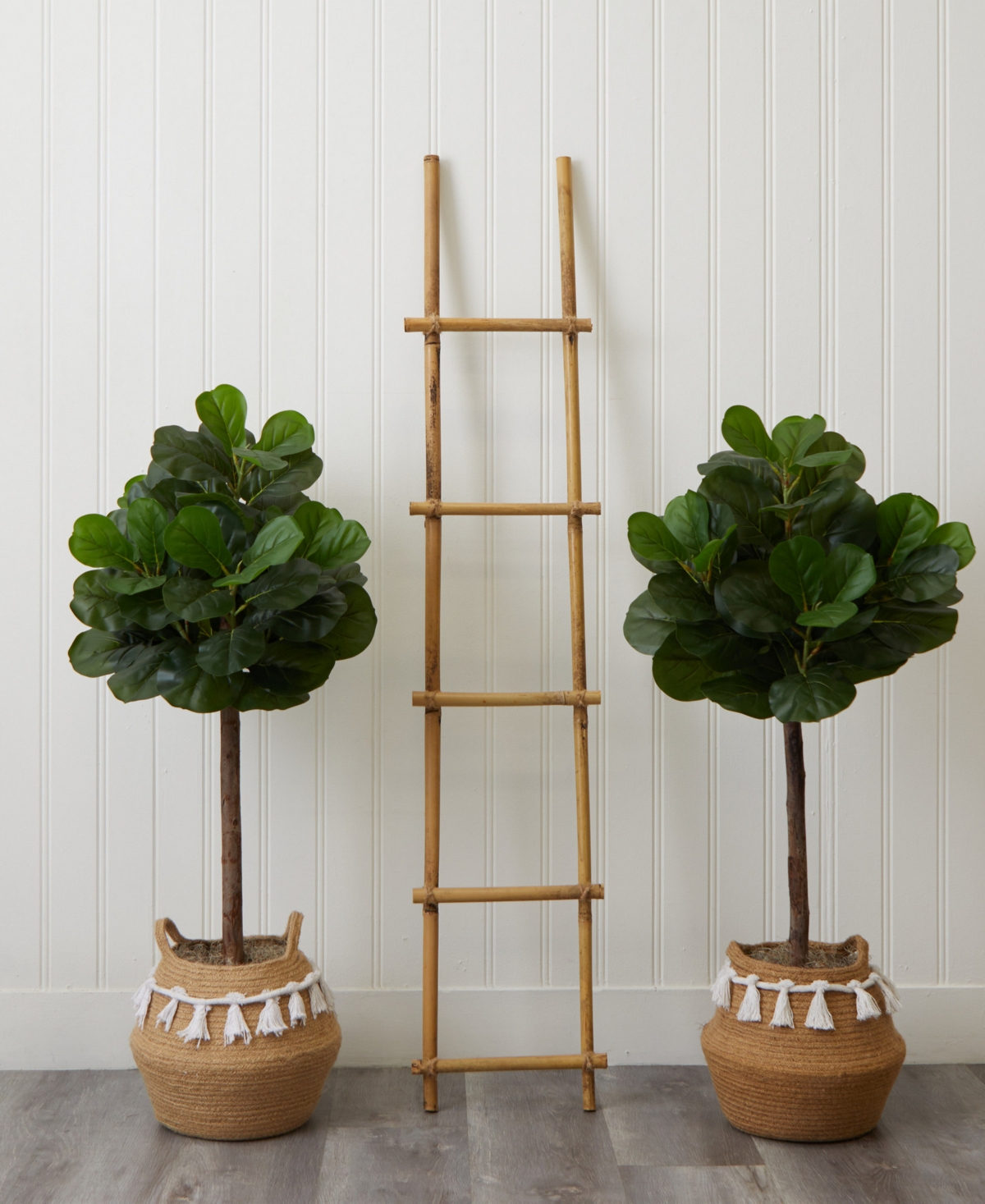Nearly Natural 48" Artificial Fiddle Leaf Fig Tree With Handmade Jute Cotton Basket With Tassels Diy Kit Set Of 2 In Green