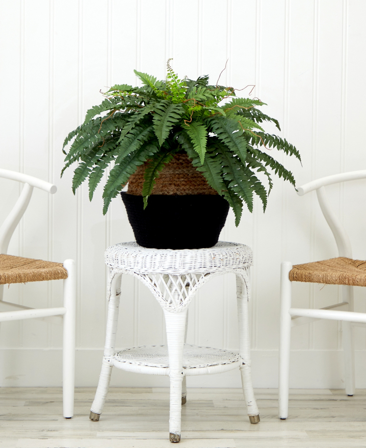NEARLY NATURAL 23" ARTIFICIAL BOSTON FERN PLANT WITH HANDMADE JUTE COTTON BASKET DIY KIT 