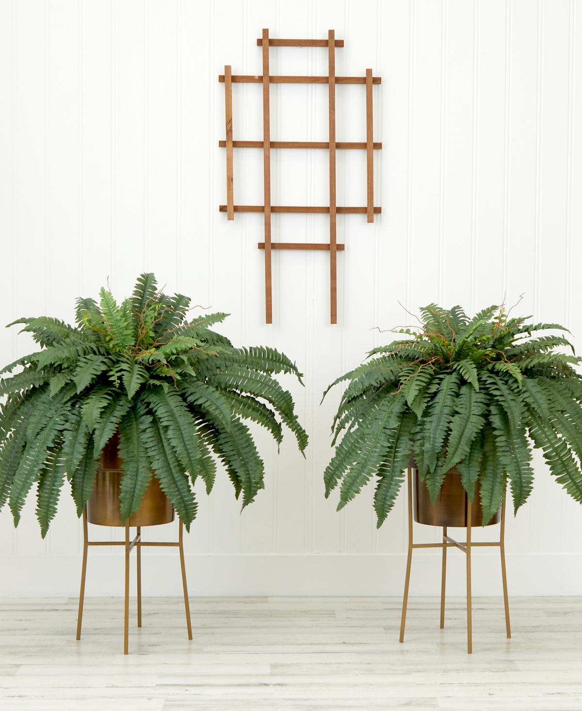 NEARLY NATURAL 32" ARTIFICIAL BOSTON FERN PLANT WITH METAL PLANTER WITH STAND DIY KIT SET OF 2 