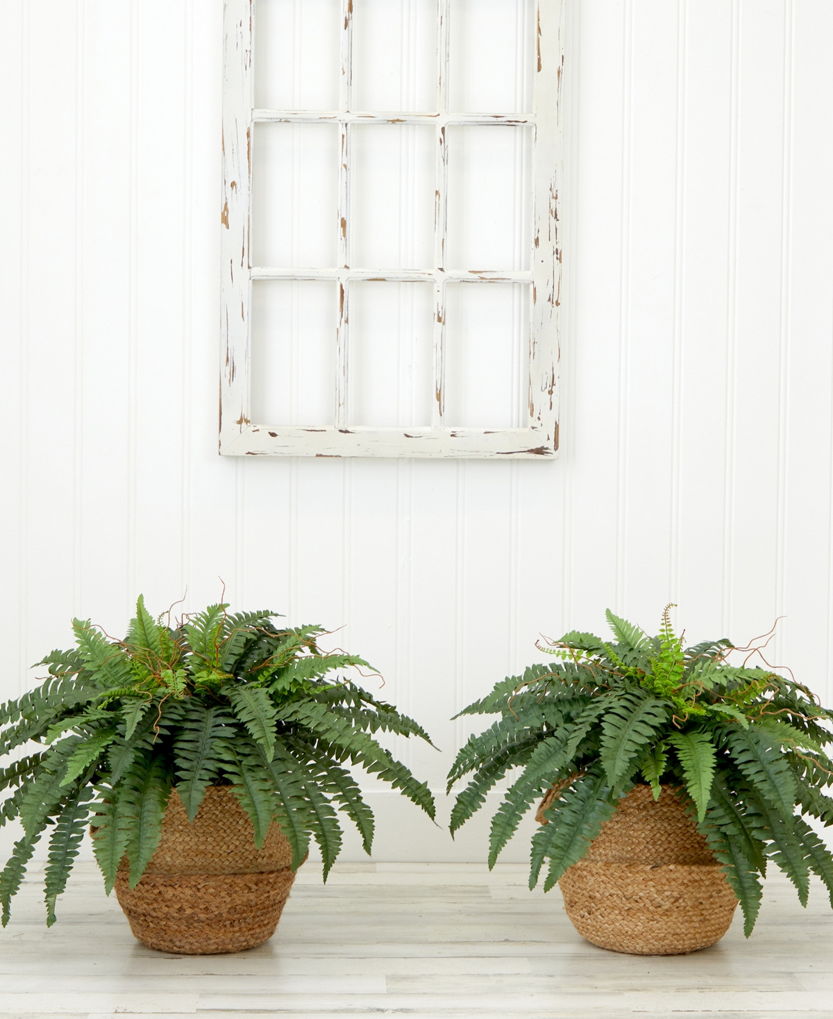NEARLY NATURAL 23" ARTIFICIAL BOSTON FERN PLANT WITH HANDMADE JUTE COTTON BASKET WITH HANDLES DIY KIT SET OF 2 