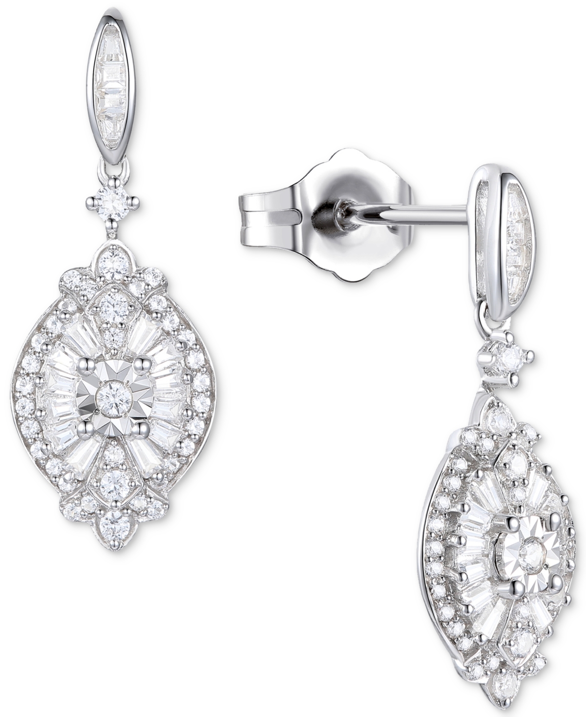 Macy's Diamond Baguette & Round Cluster Drop Earrings (1/2 Ct. T.w.) In Sterling Silver