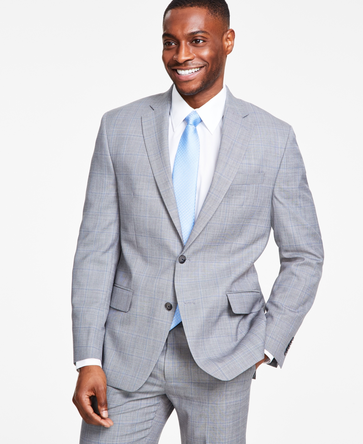 Men's Classic-Fit Stretch Wool-Blend Suit Jacket - Grey Plaid