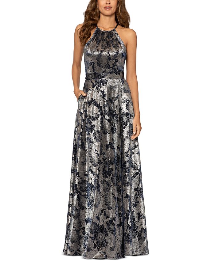 Betsy & adam petite floral deals halter maxi gown
