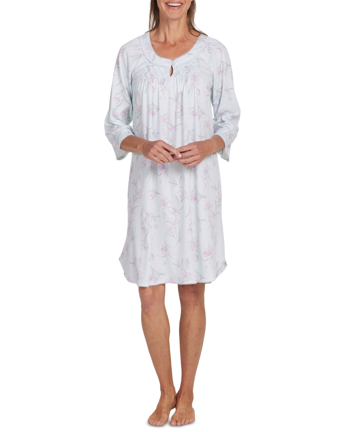 Miss Elaine Plus Size Long-sleeve Floral Short Nightgown In Aqua,lilac Floral Stems