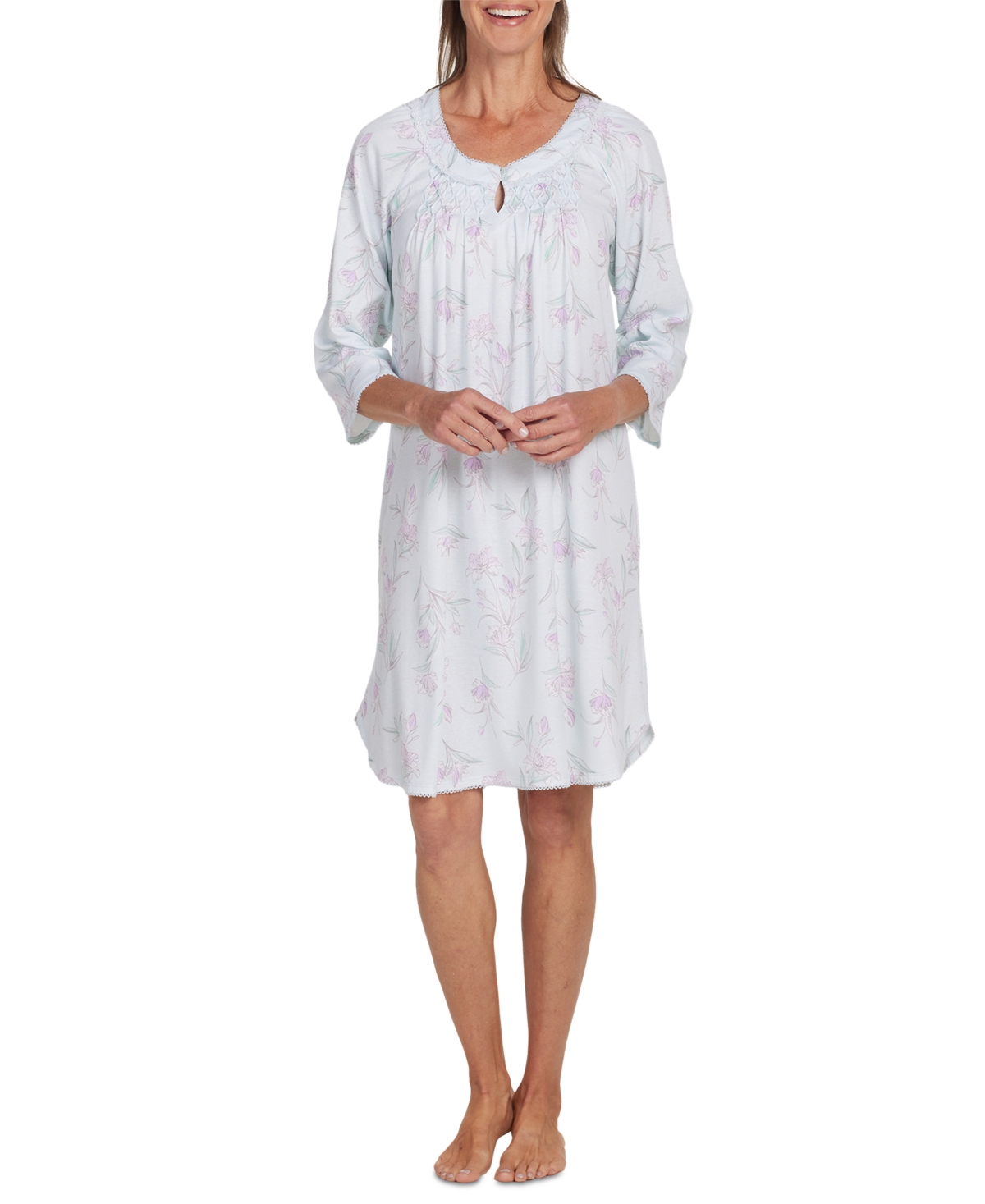 Miss Elaine Women's Long-sleeve Floral Short Nightgown In Aqua,lilac Floral Stems
