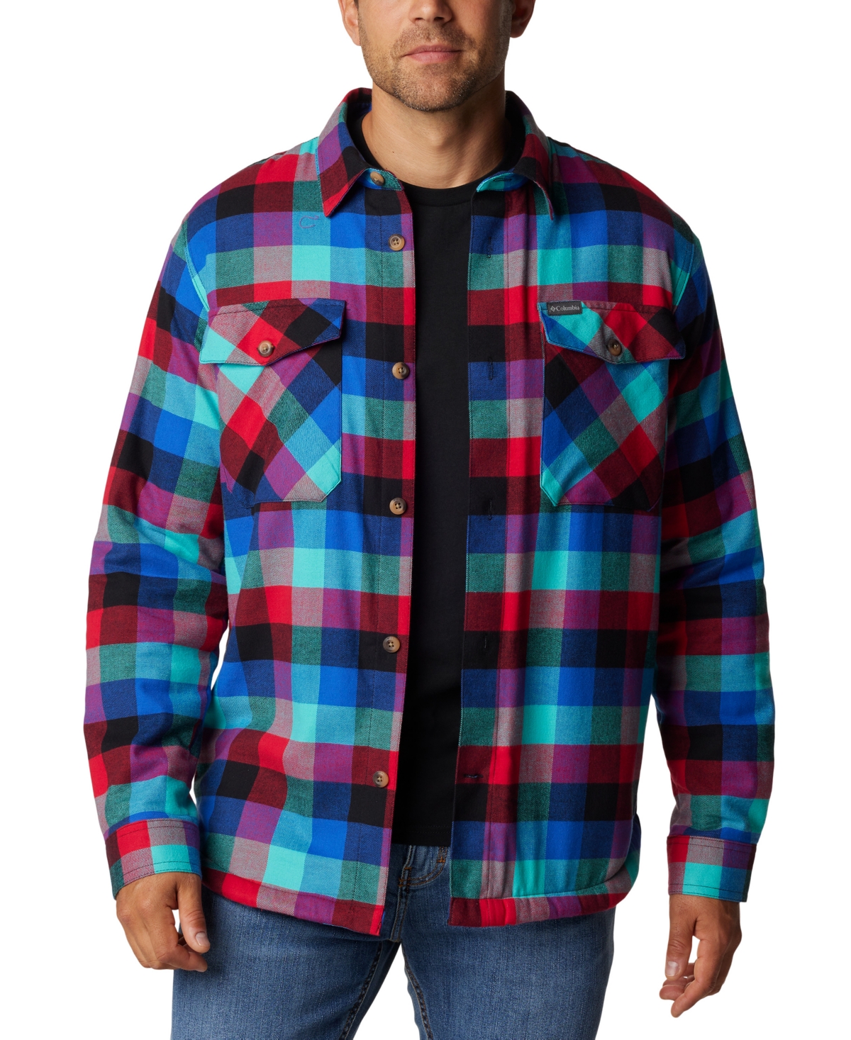 Columbia Men's Plaid Sherpa-lined Shirt Jacket In Bright Aqua Bufflao Check