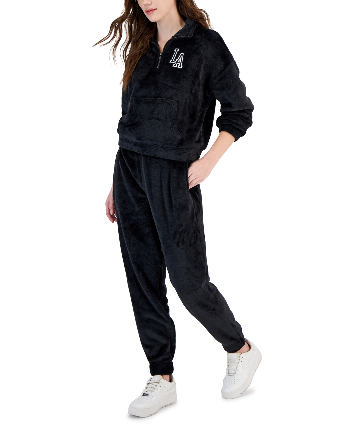 Hippie Rose Juniors' Super Soft Quarter-zip Pullover Sweatshirt In Black