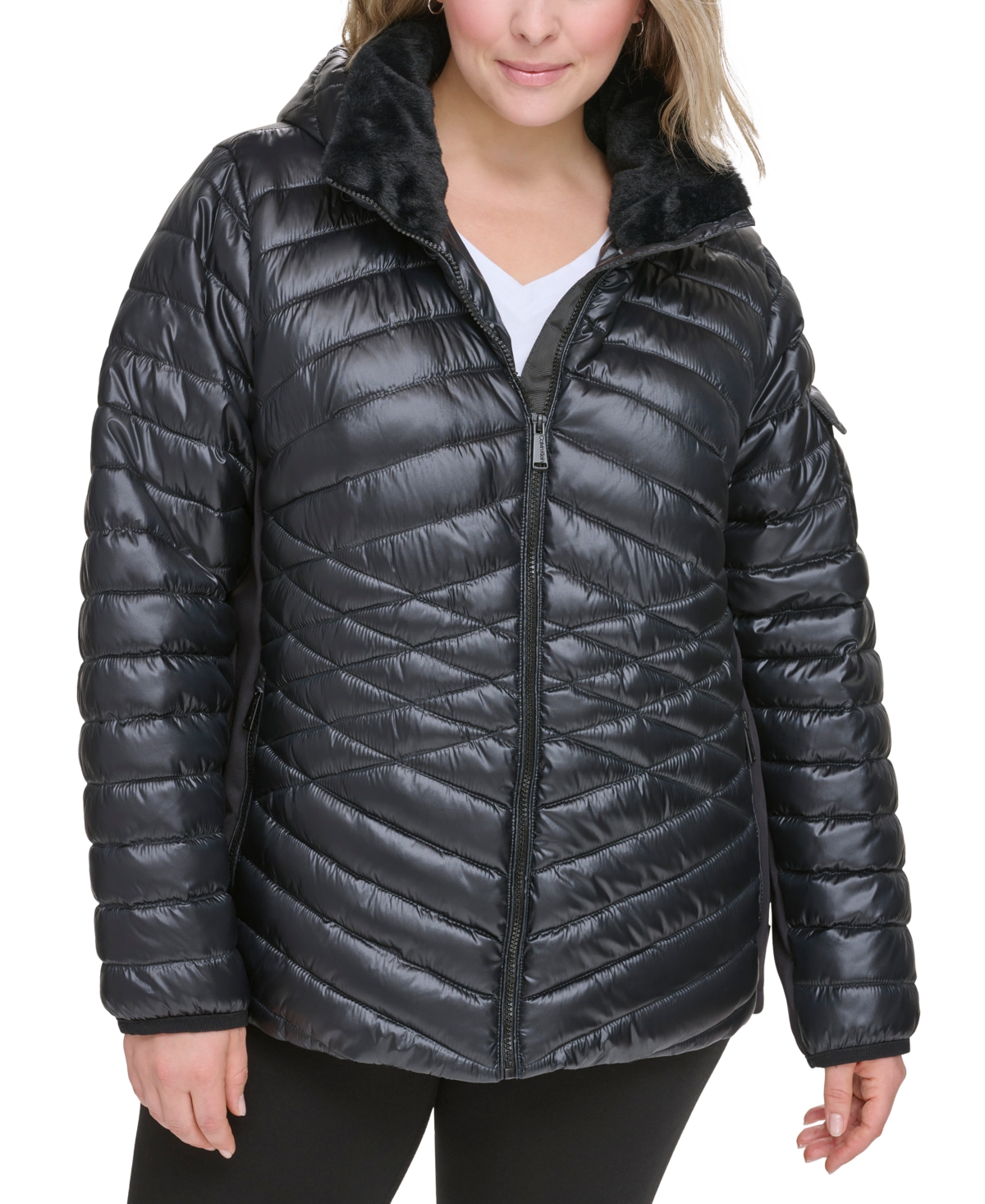Calvin Klein Performance Plus Size Hooded Faux-fur-trim Quilted Jacket In Metallic Black