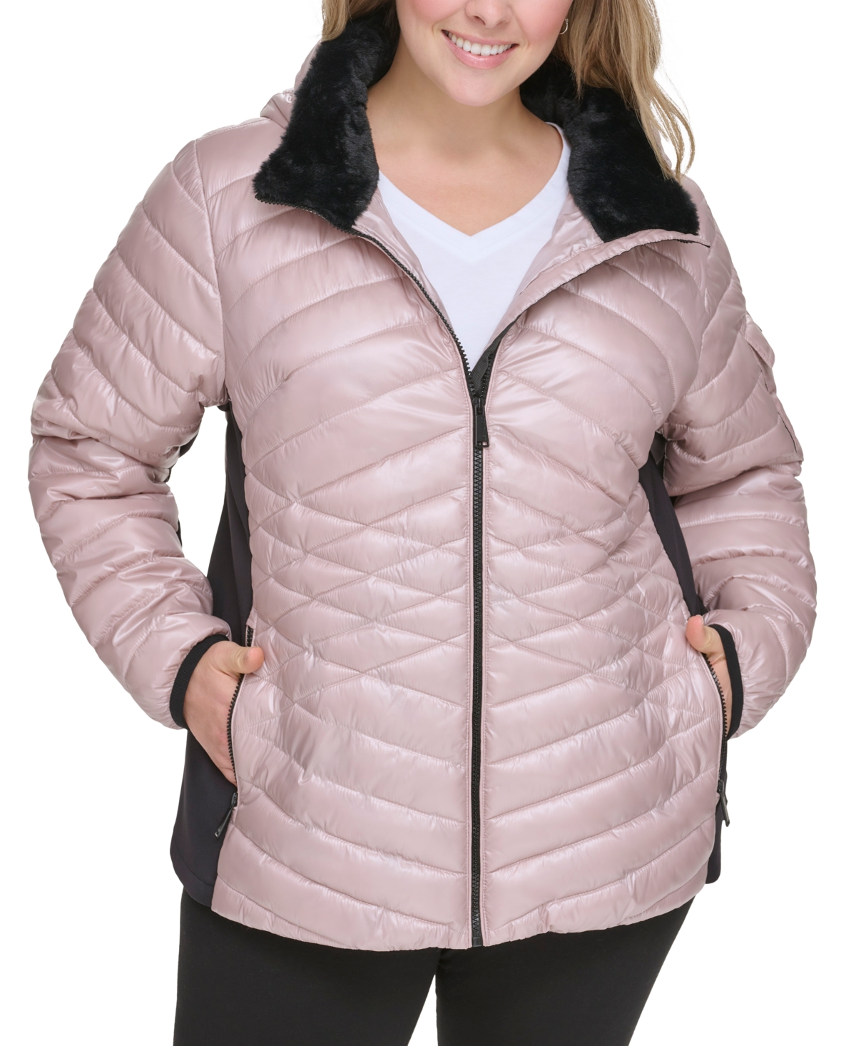 Calvin Klein Performance Plus Size Hooded Faux-fur-trim Quilted Jacket In Metallic Sand