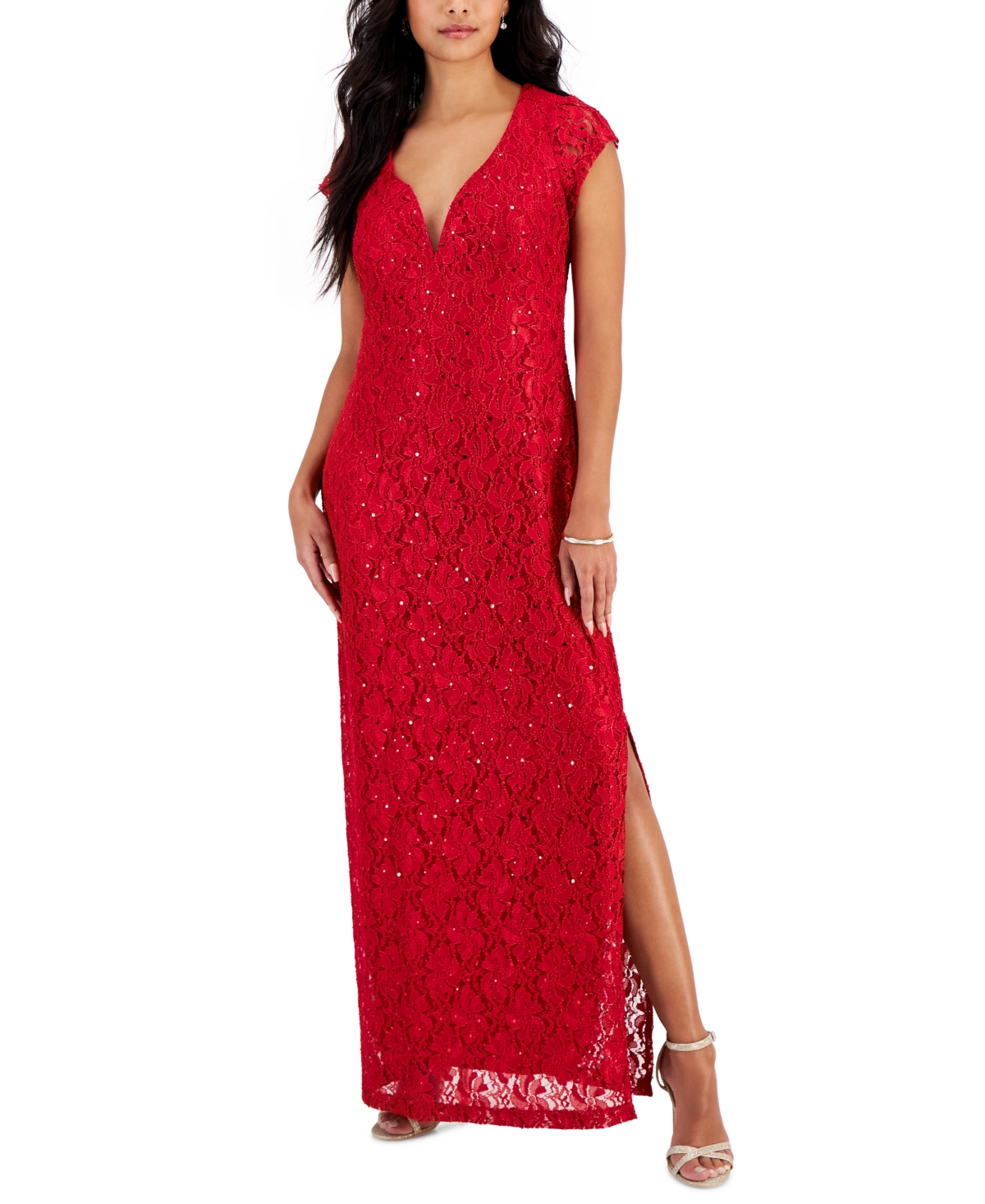Connected Petite Lace Wired V-neck Maxi Dress In Red