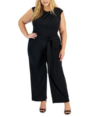 Tahari - Plus Size Pleated-Neck Belted Wide-Leg Jumpsuit