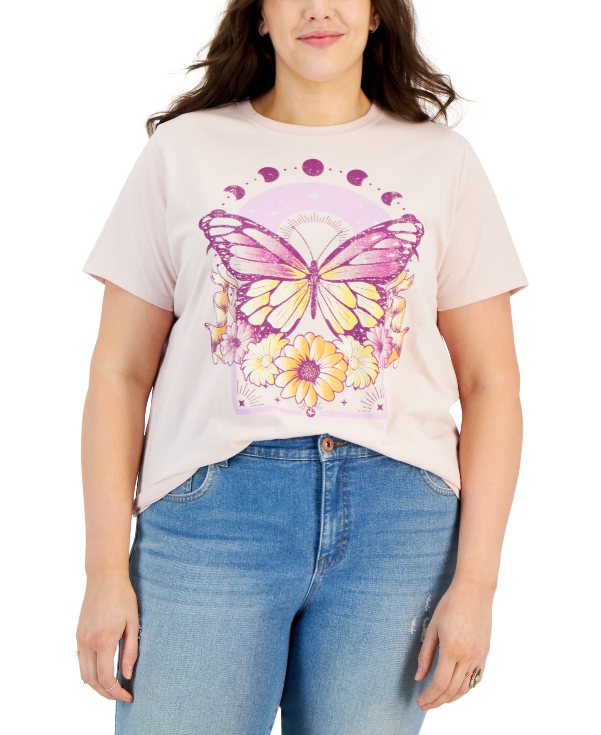 Trendy Plus Size Floral Butterfly T-Shirt - Hushed Violet