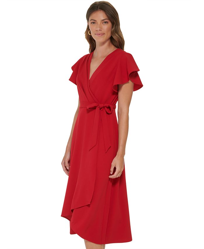 DKNY Women's Velvet Burnout V-Neck Short Flutter Sleeve Faux Wrap High Low Midi Dress