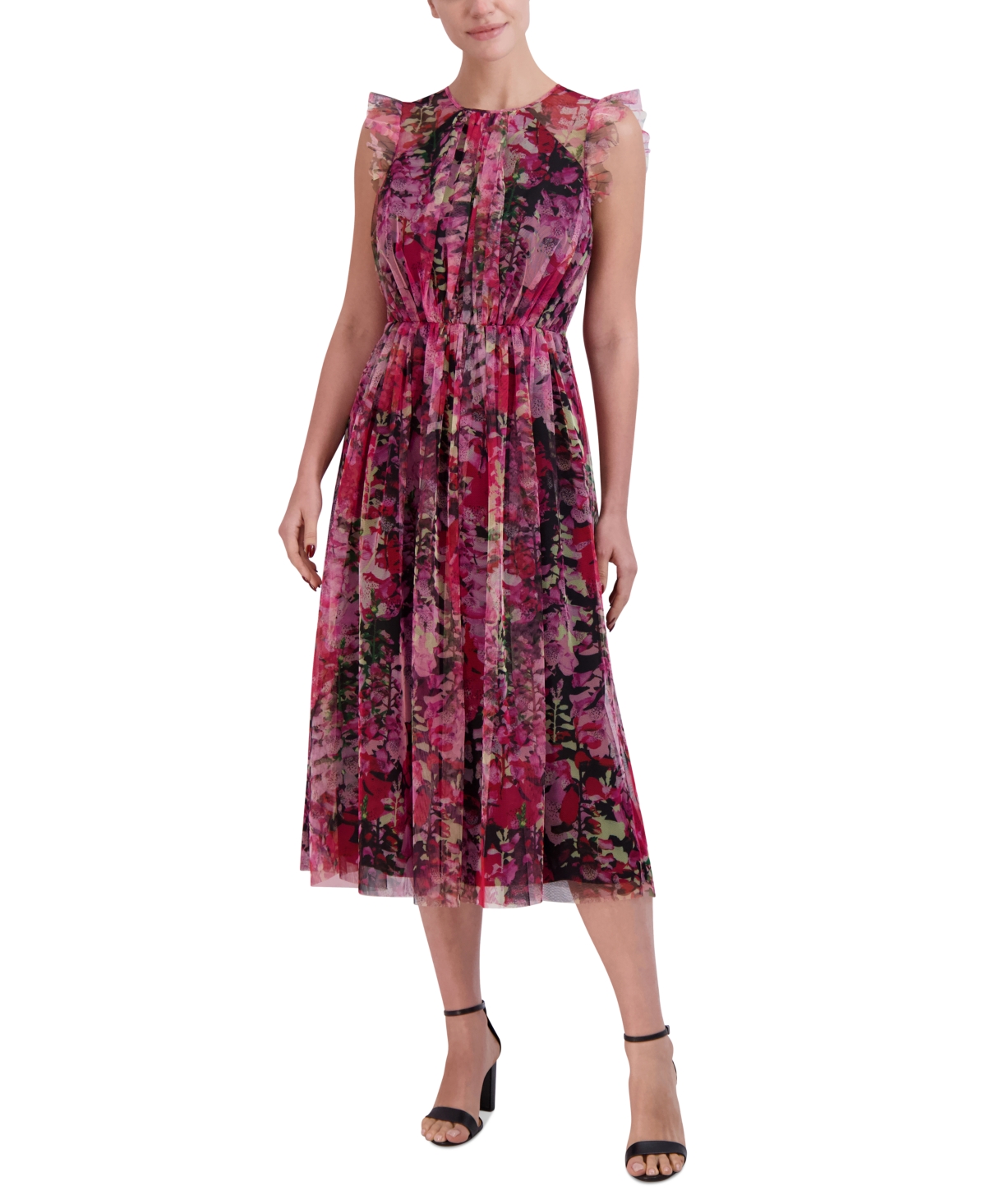 Women's Floral Tulle Midi Dress - Lavender Multi