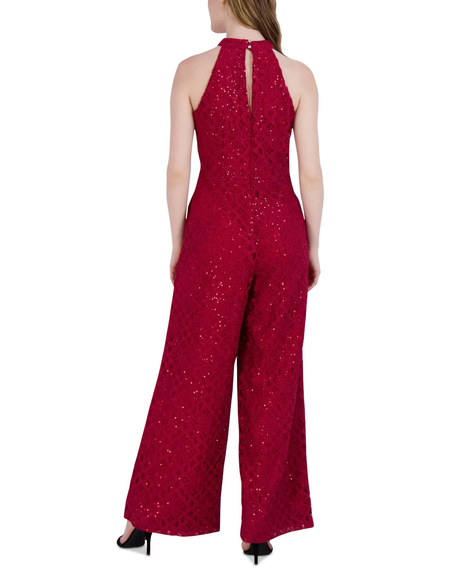 Women's Sequin-Lace Halter Twist-Neck Jumpsuit