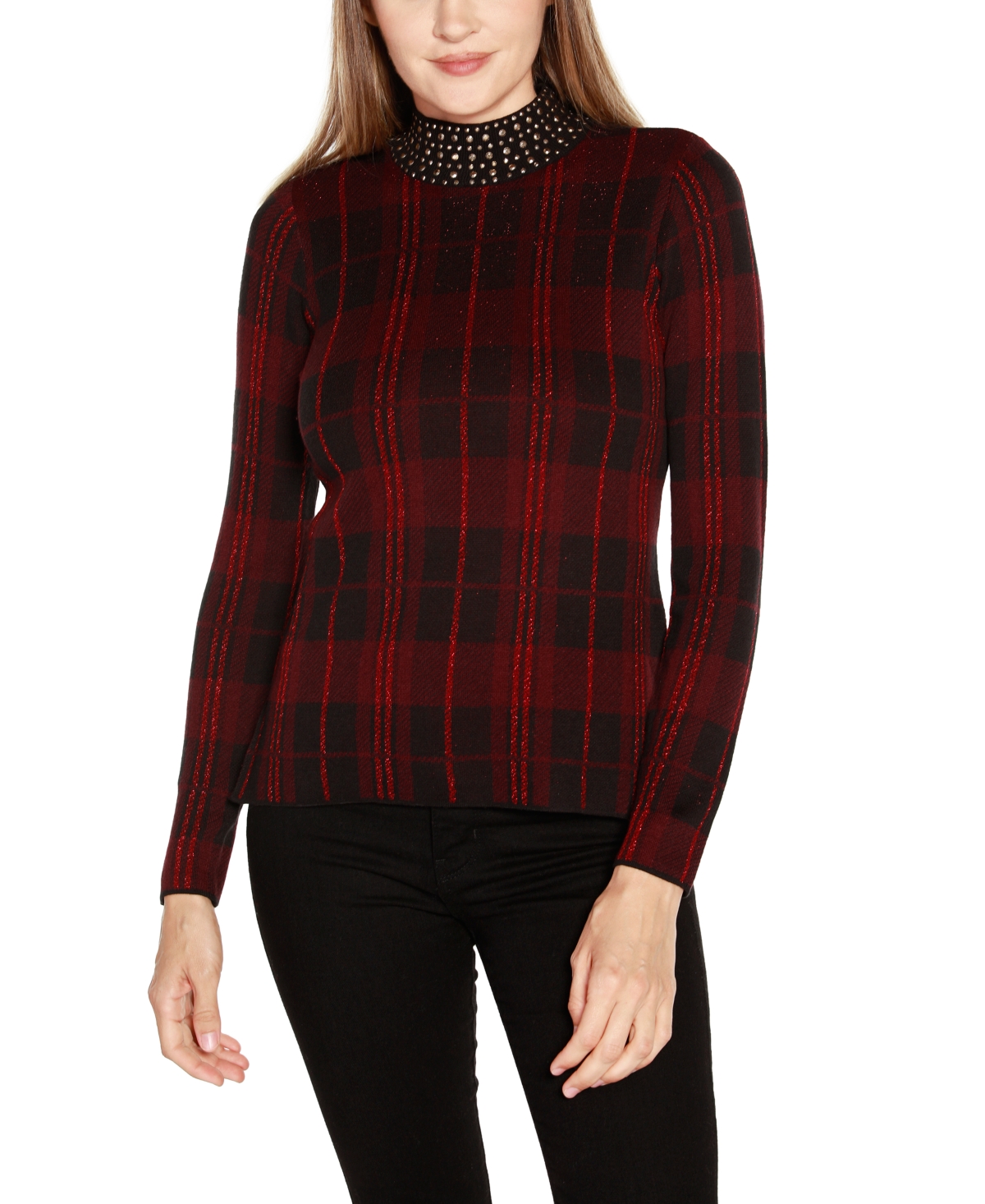 Belldini Women's Lurex Plaid Embellished-neck Sweater In Black Combo