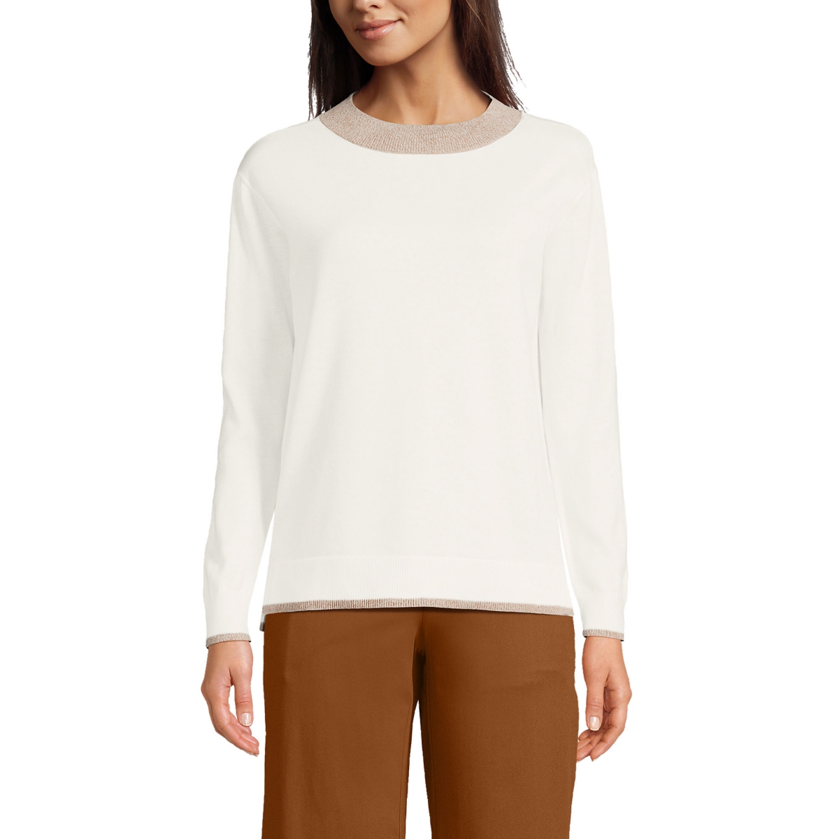 Women's Fine Gauge Cotton Crewneck Sweater - Ivory/marl trims