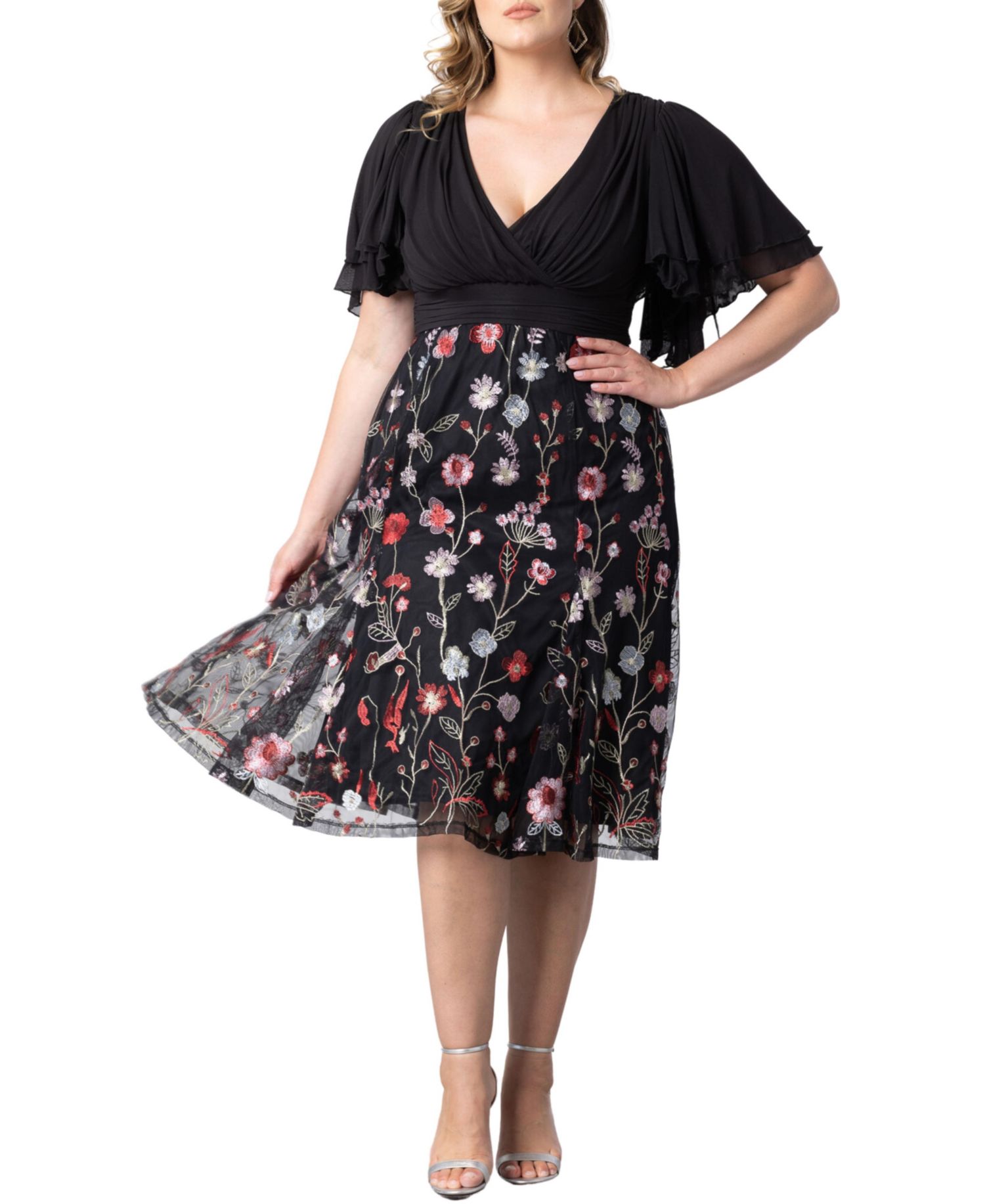 Plus Size Lillian Embroidered Mesh Midi Cocktail Dress