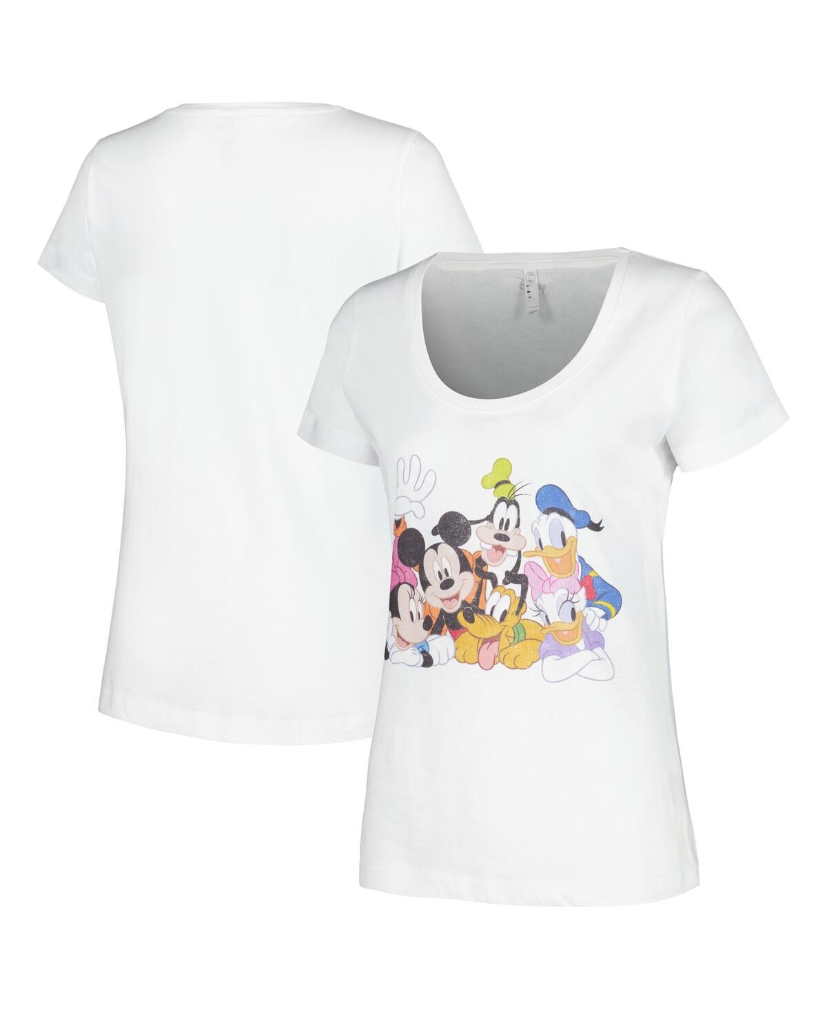 Women's Mad Engine White Distressed Mickey and Friends Group Scoop Neck T-shirt - White