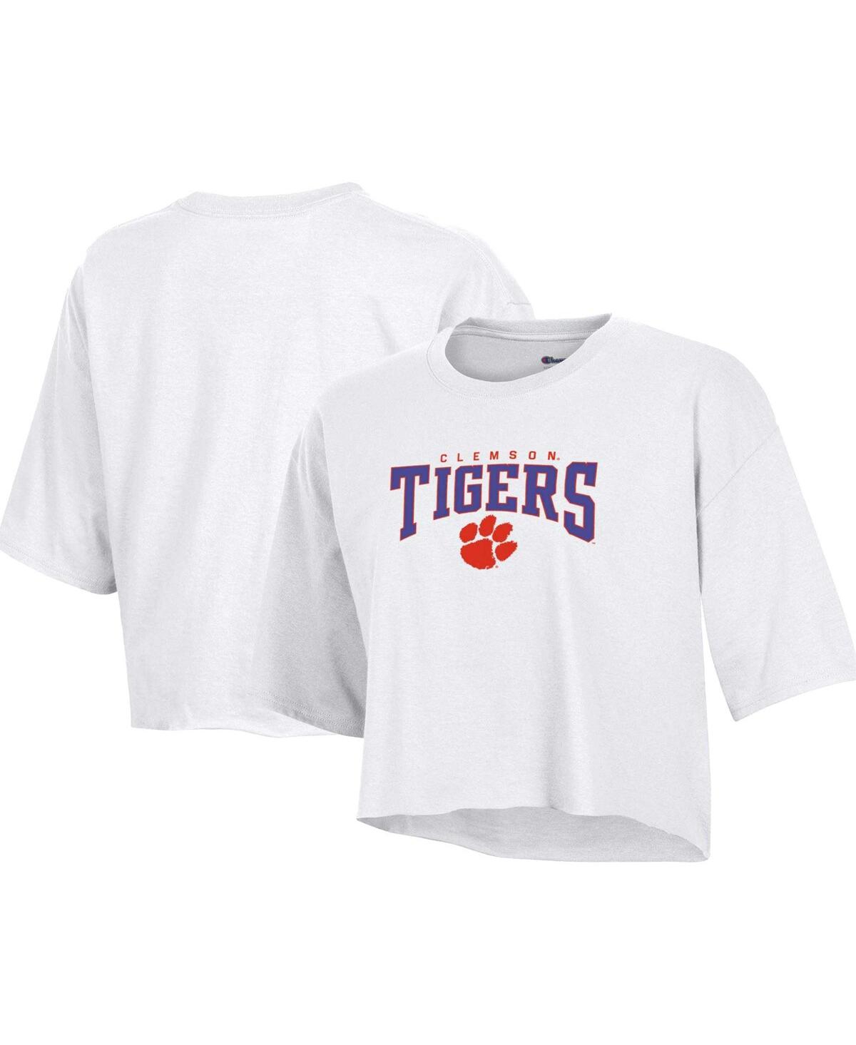 Champion Women's  White Clemson Tigers Boyfriend Cropped T-shirt