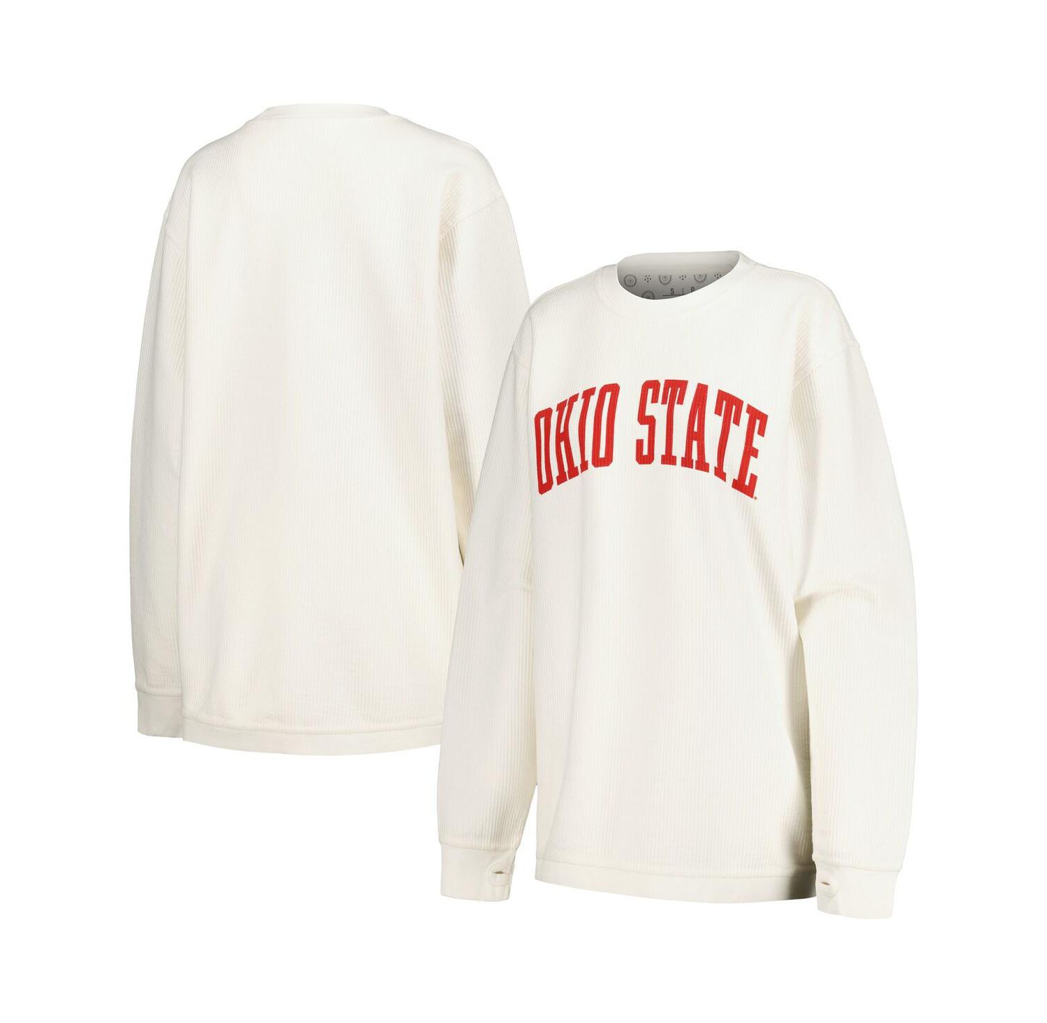 Women's White Distressed Ohio State Buckeyes Comfy Corded Vintage-Like Wash Basic Arch Pullover Sweatshirt