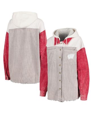 Women's Gray Distressed Wisconsin Badgers Vintage-Like Wash Corduroy Full-Snap Hooded Shacket
