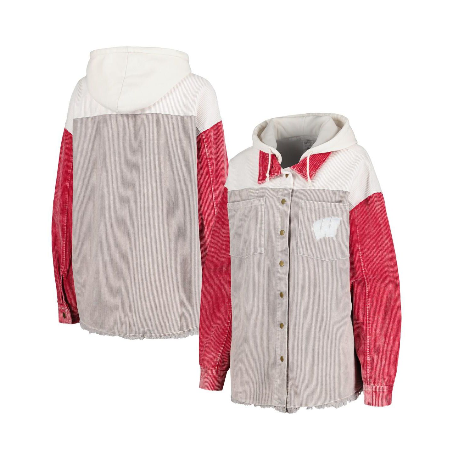Женские куртки Gameday Couture Gray Distressed Wisconsin Badgers Vintage-Like Wash Corduroy Full-Snap Hooded Shacket — фото 1