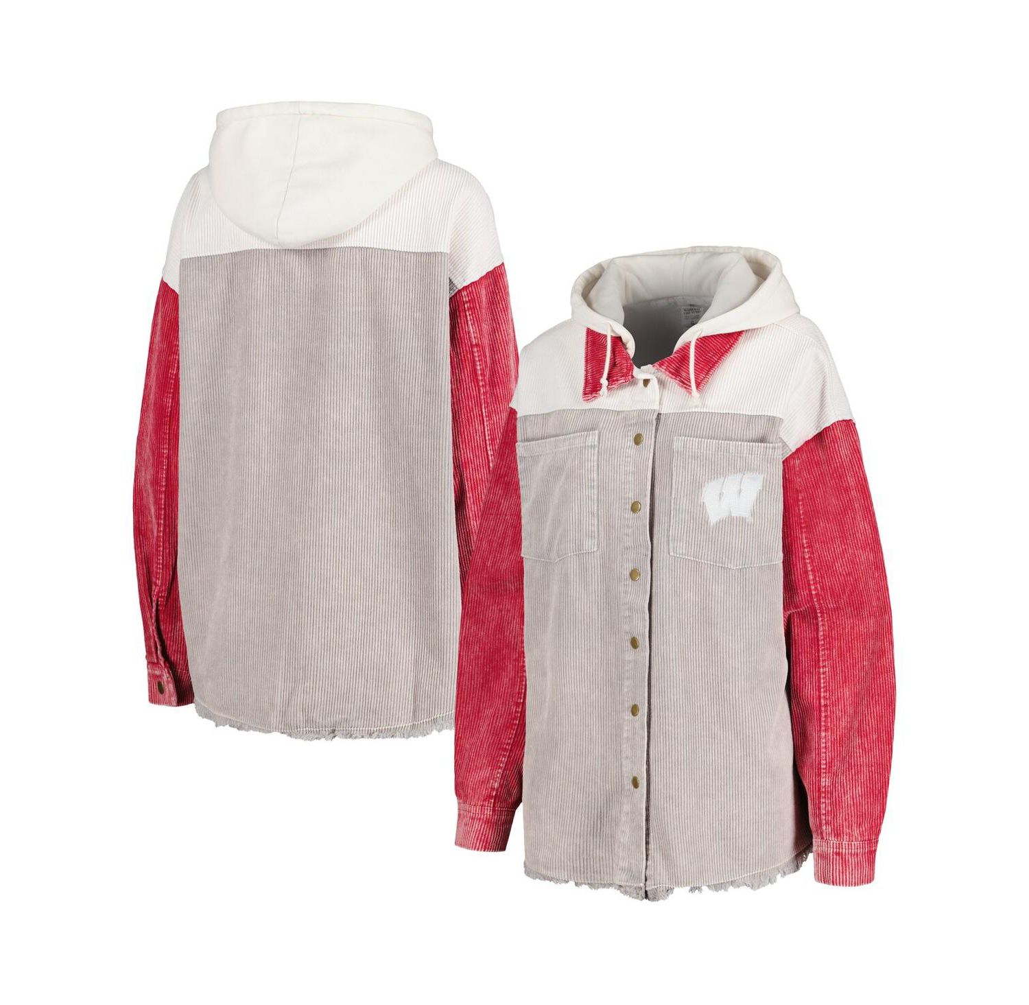 Women's Gray Distressed Wisconsin Badgers Vintage-Like Wash Corduroy Full-Snap Hooded Shacket
