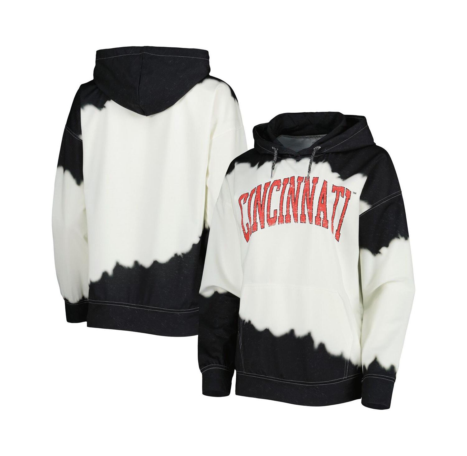 Women's White, Black Distressed Cincinnati Bearcats For the Fun Double Dip-Dyed Pullover Hoodie