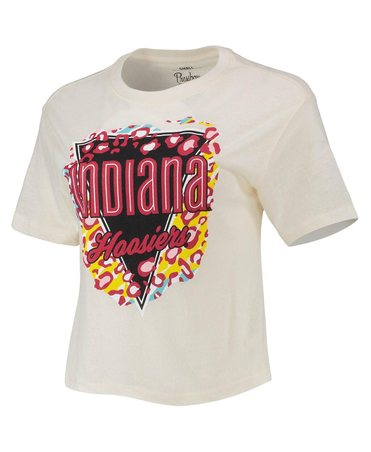PRESSBOX WOMEN'S PRESSBOX CREAM INDIANA HOOSIERS TAYLOR ANIMAL PRINT CROPPED T-SHIRT 