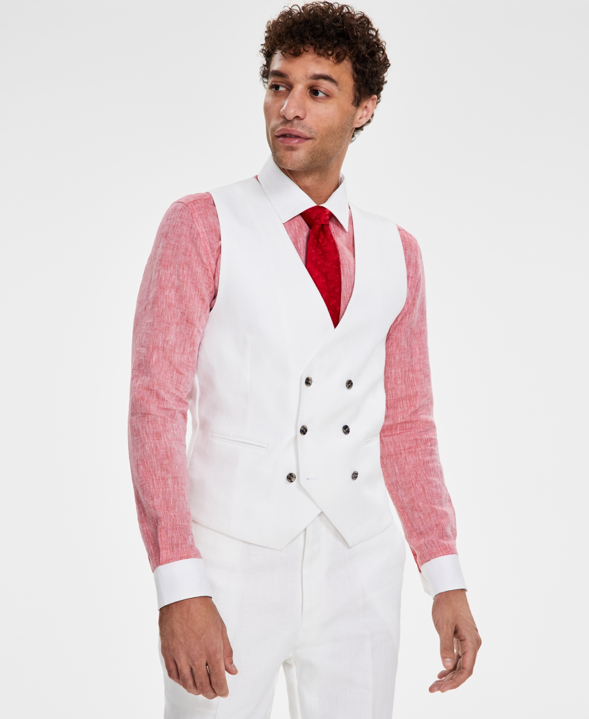 Men's Classic-Fit Double-Breasted Linen Suit Vest - White Herringbone