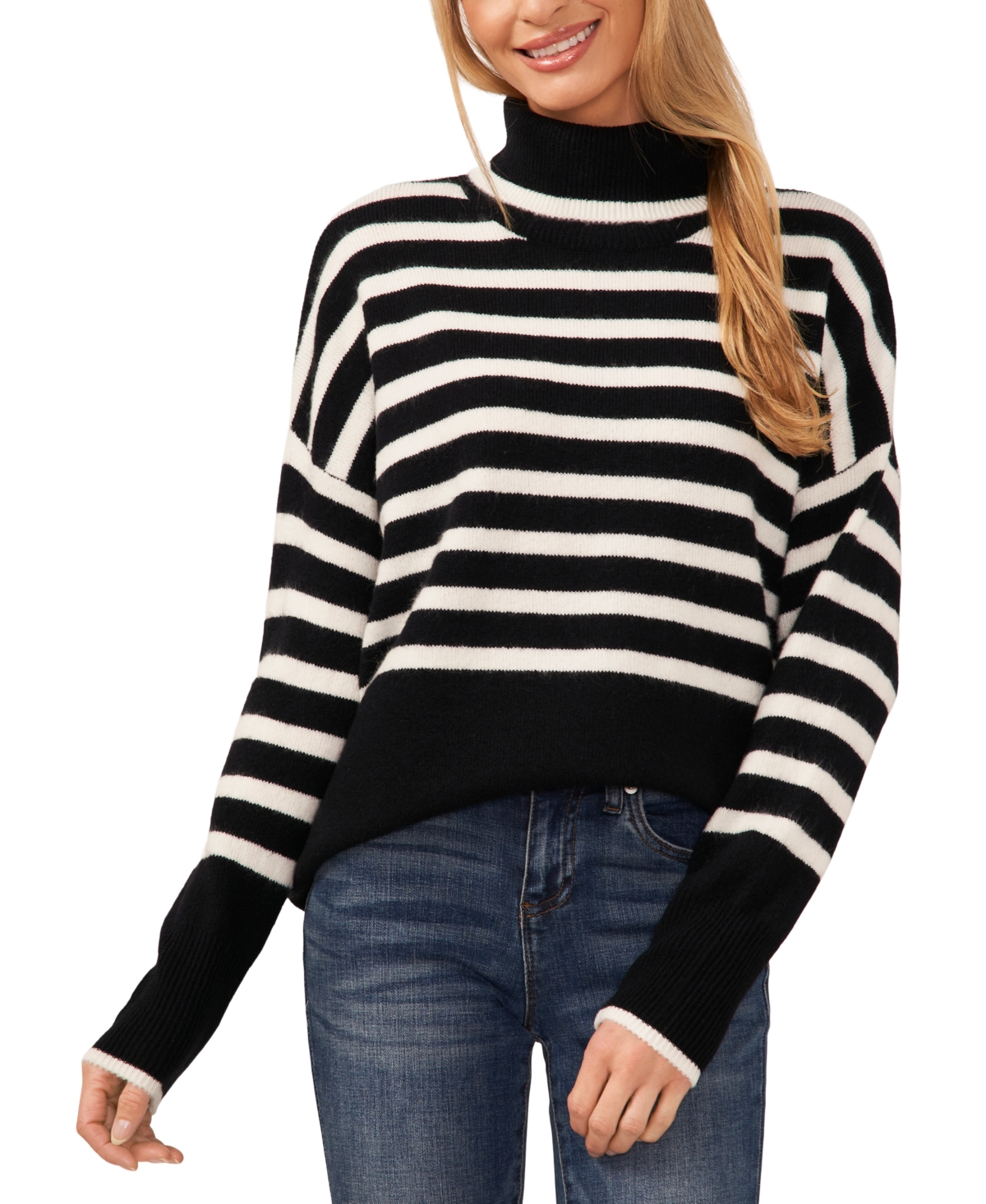 Shop Cece Women's Striped Long Sleeve Turtleneck Sweater In Rich Black