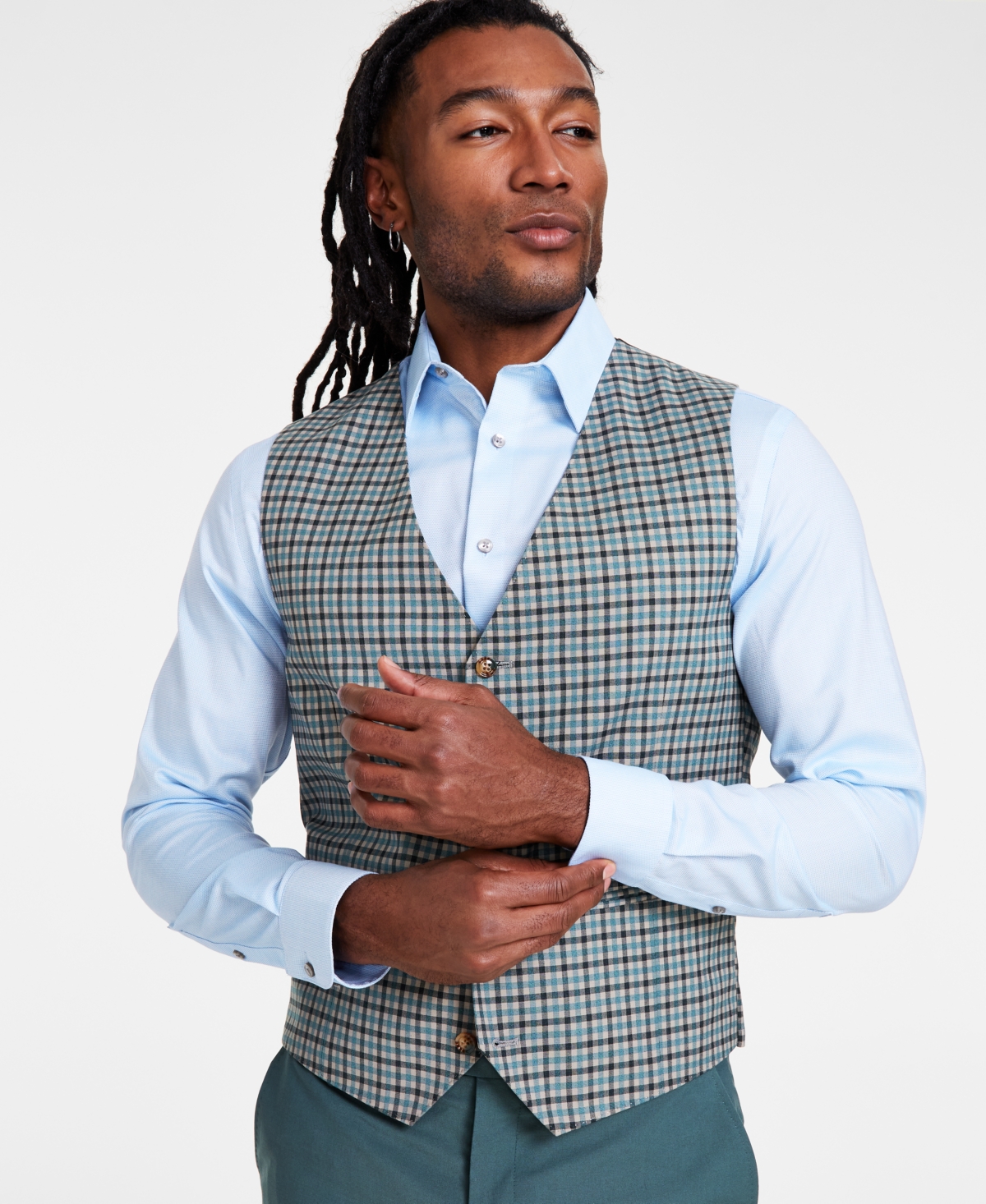 Shop Tayion Collection Men's Classic Fit Plaid Suit Vest In Teal,black Check