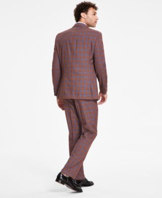 Shop Tayion Collection Mens Classic Fit Plaid Vested Suit Separates In Rust,blue Plaid