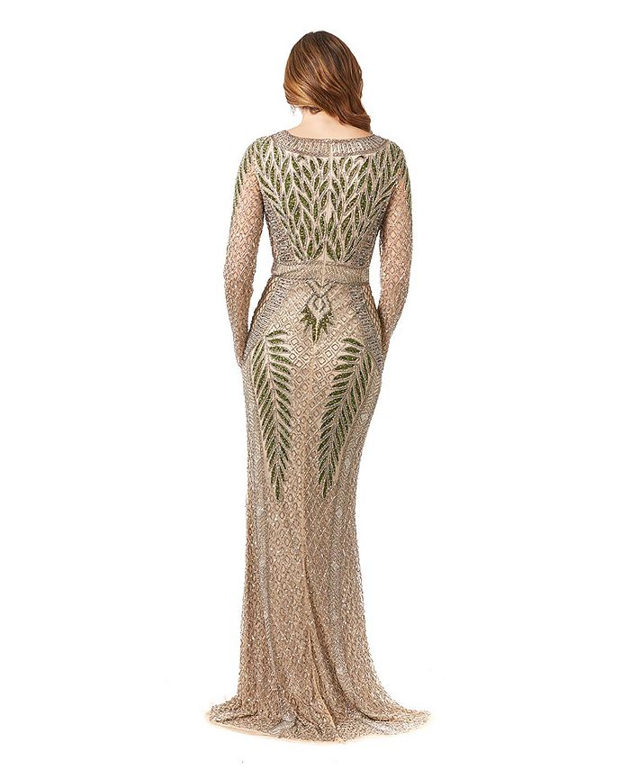 Lara 28877-  Long Sleeve Contrast Beaded Gown