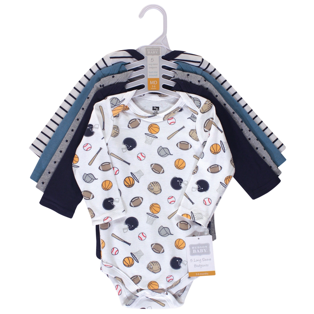 Hudson Baby Infant Boy Cotton Long-Sleeve Bodysuits 5pk,- Basic sports
