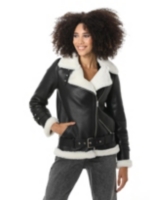 Furniq Uk Women's Shearling Belted Biker Jacket, Silky Black with White Wool - Black