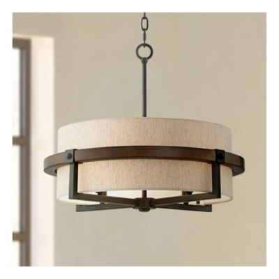 Castille Bronze Faux Wood Pendant Chandelier 22" Wide Farmhouse Rustic Tan Fabric Drum Shade 4-Light Fixture for Dining Room House Foyer Kitchen Island Entryway High Ceilings