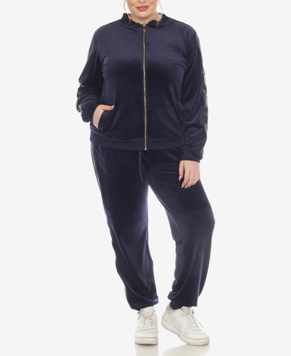 White Mark Plus Size Faux Leather Stripe Velour 2 Piece Tracksuit Set In Navy