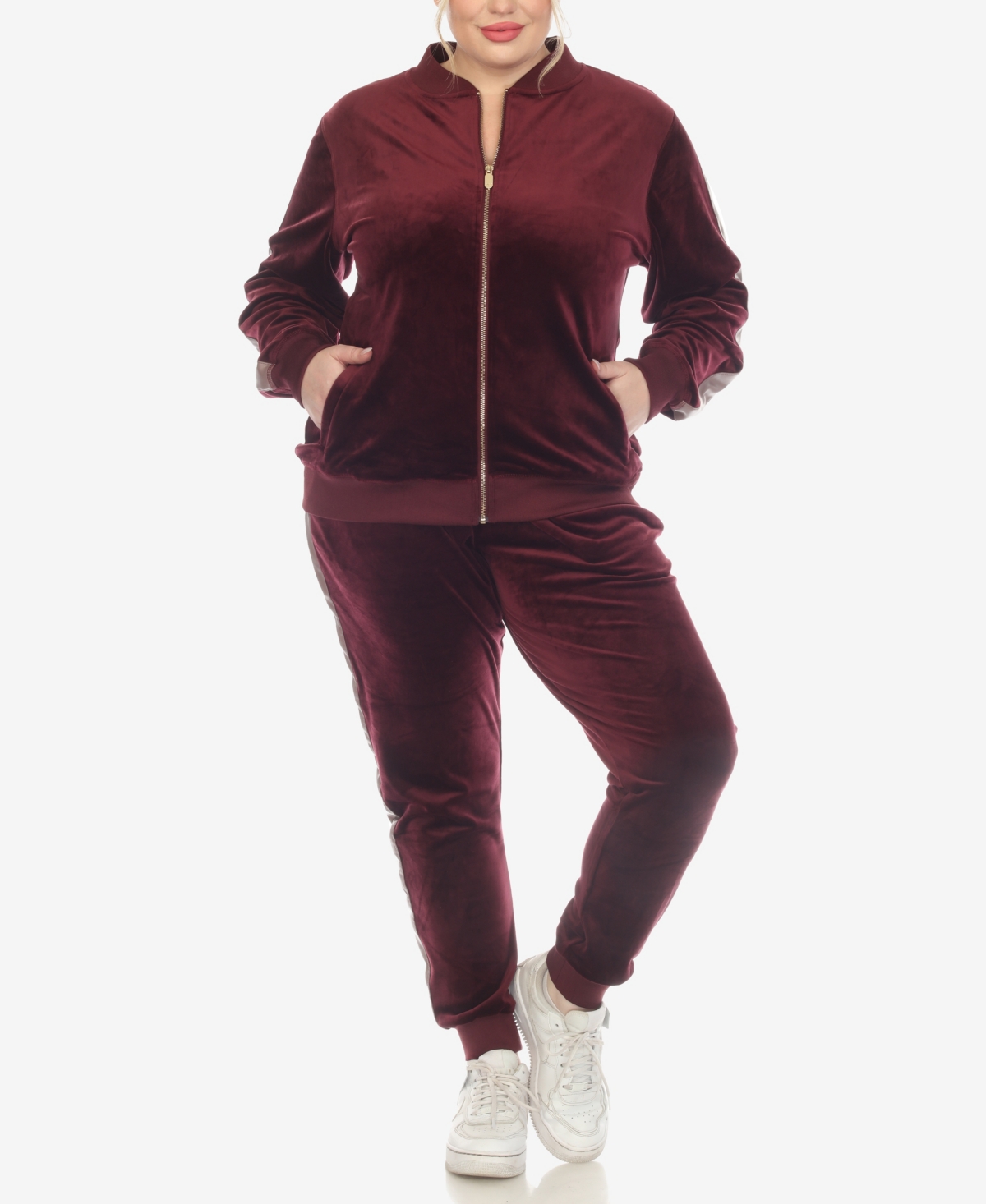 White Mark Plus Size Faux Leather Stripe Velour 2 Piece Tracksuit Set In Burgundy